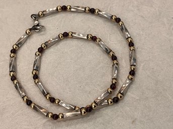 Silver, Gold Bead And Gem Bead Necklace